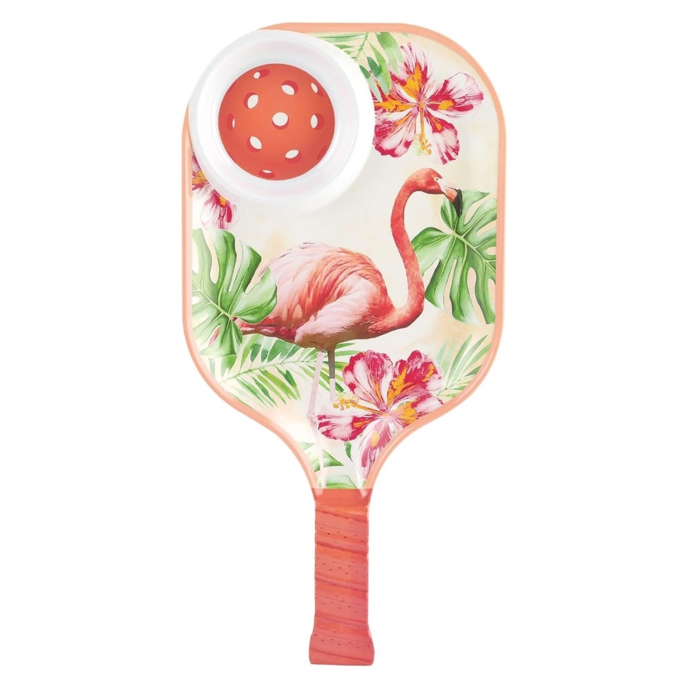Flamingo Melamine Chip and Dip Tray, Tropical Floral Pickleball Paddle design.
